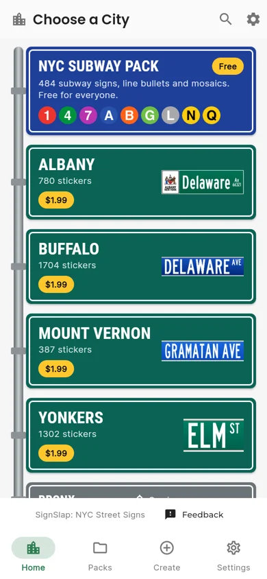 The SignSlap app home screen: the free NYC Subway Pack and street signs by city