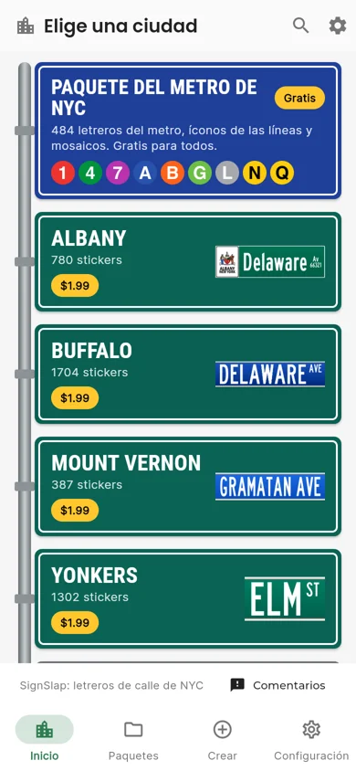 La pantalla de inicio de SignSlap: el paquete gratis del metro de NYC y los letreros por ciudad